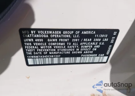 2013 Volkswagen Passat 3.6L V6 Se from USA, damaged, VIN 1VWBM7A34DC061237